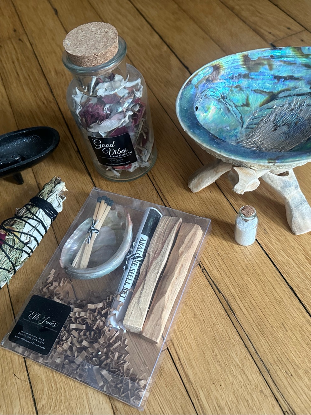 Iridescent Abalone Shell Display on Driftwood Stand for sage sticks